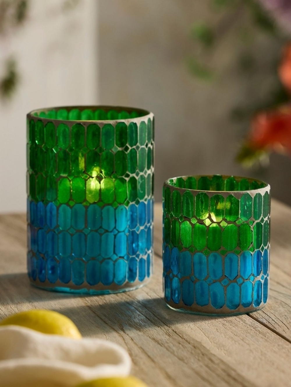 Color Block Mosaic Glass Votive Holder -Ocean Blue